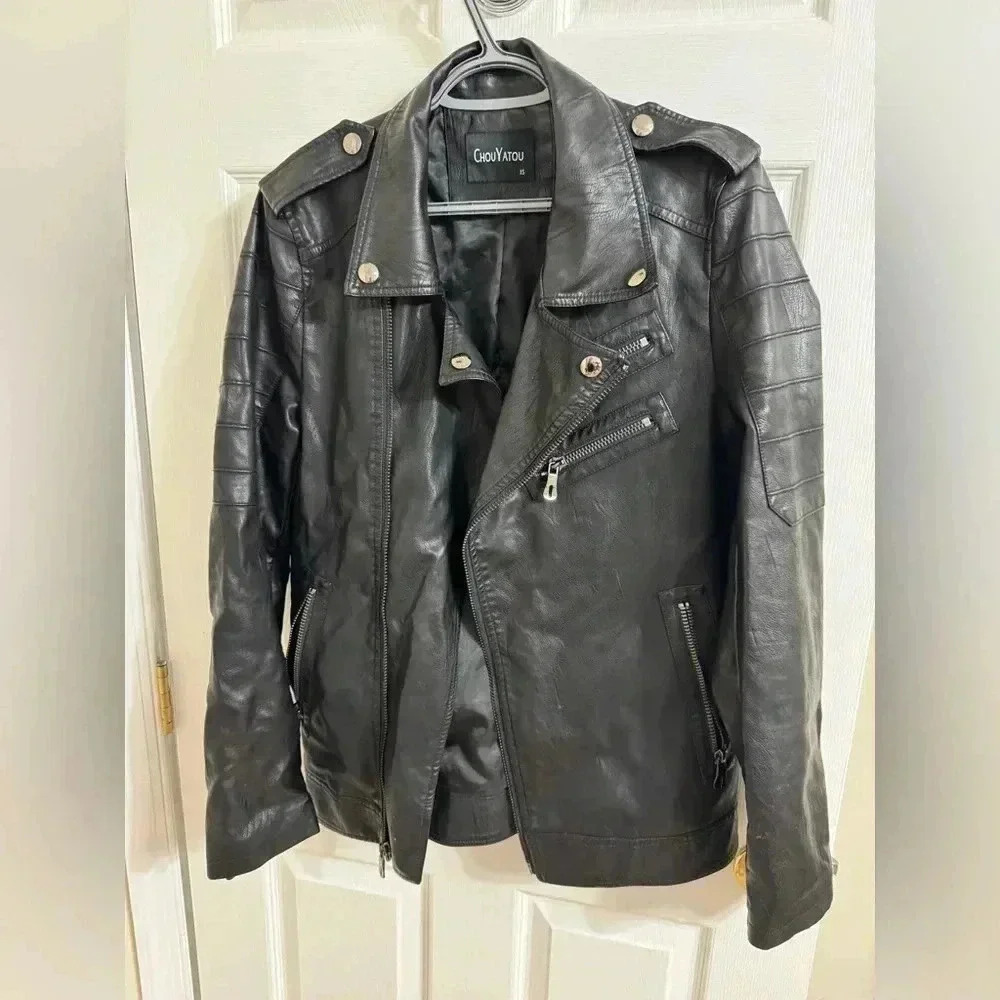 ChouYatou Men's Black Faux Leather Jacket Size: XS - Picture 11 of 16